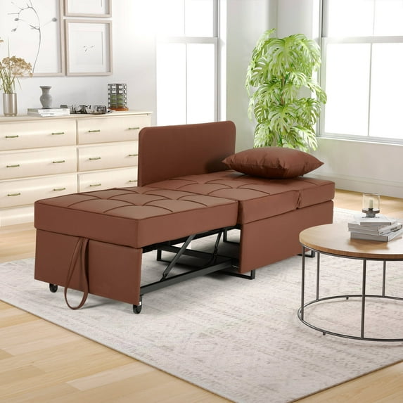 MELLCOM 3-in-1 Sleeper Sofa Chair Bed , 5-position Adjustable Backrest Pull Out Sofa Bed With Faux Linen Sofa Fabric, Fold Out Chair Bed,PU Leather, Brown