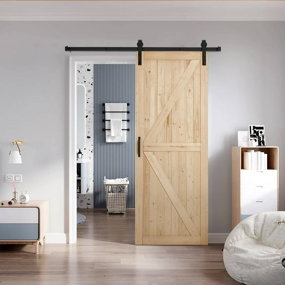 MELLCOM 30x84in Spruce Sliding Barn Door with 5.5FT Hardware Kit, DIY Stainable for Closet & Interior Rooms, Natural