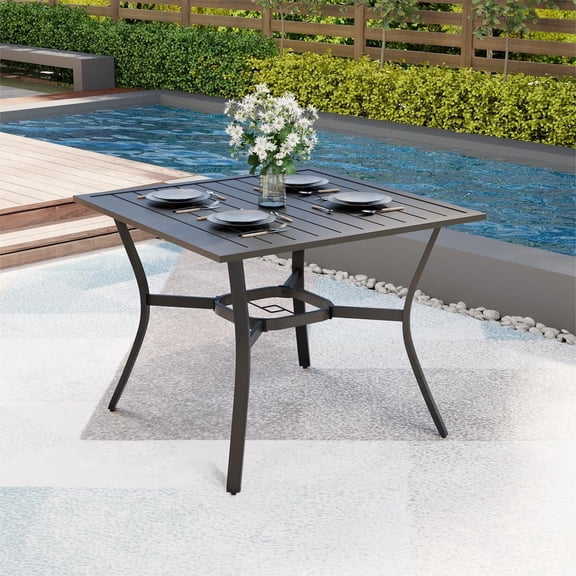 MELLCOM 37''x37'' Outdoor Dining Table for 4, Metal Patio Dining Table with 1.57'' Umbrella Hole and Adjustable Feet, All-Weather Black Square Table for Porch, Garden, Backyard, Poolside