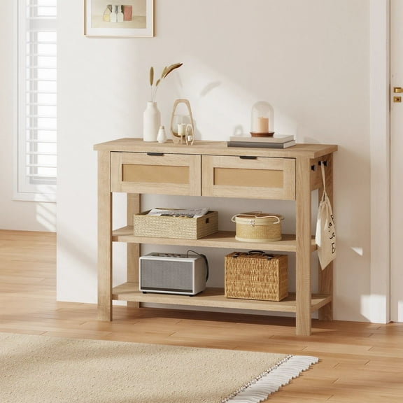 MELLCOM 39.37" Console Table, Boho Entryway Table with Storage, Behind Couch Table, Entry Table for Hallway, Oak