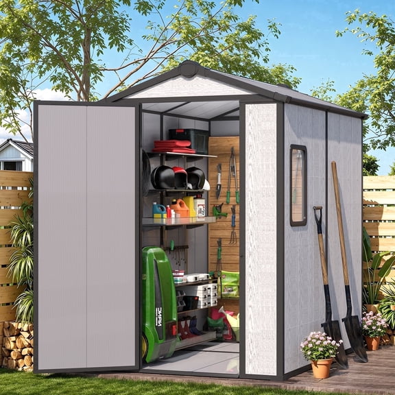 MELLCOM 4 x 6 FT Resin Outdoor Storage Shed with Floor, Resin Outdoor Storage Tool Shed with Windows and Lockable Door, Garden Shed for Lawnmower, Bike, Pool Supply