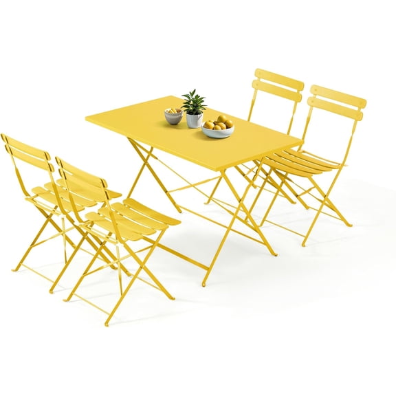 MELLCOM 5-Piece Foldable Patio Dining Set with Rectangular Table and Chairs, Weather-Resistant Iron Outdoor Dining Set for 4 People, Outdoor Table and Chairs for Patio, Yard, Indoor, Yellow
