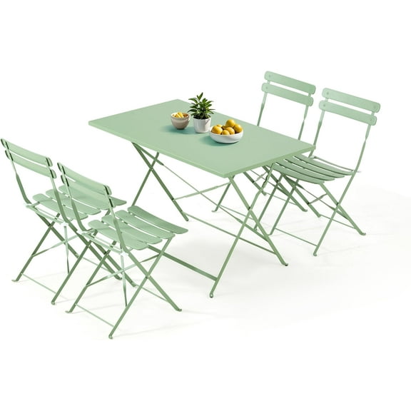 MELLCOM 5-Piece Foldable Patio Dining Set with Rectangular Table and Chairs, Weather-Resistant Iron Outdoor Dining Set for 4 People, Outdoor Table and Chairs for Patio, Yard, Indoor, Green