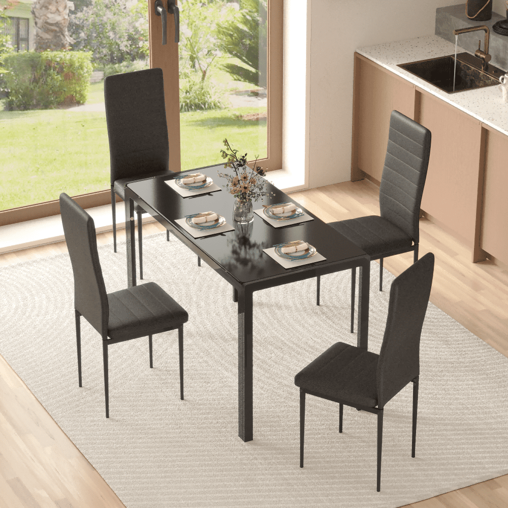 Black Tempered Glass Top Dining Table Set with Faux Leather Chairs