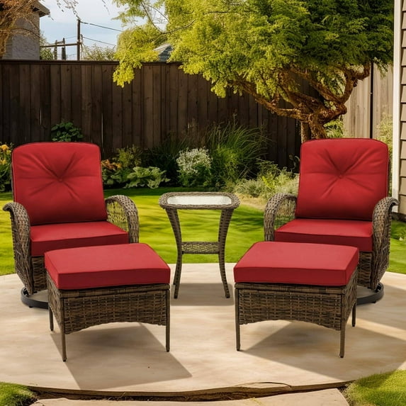 MELLCOM 5-Piece Patio Set, Outdoor Swivel Rocking Chairs, Wicker Bistro Set with Thickened Cushions, Glass Table and Ottomans for Backyard, Garden, Wine Red