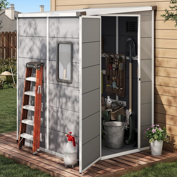 MELLCOM 5 x 4 FT Plastic Storage Tool Shed with Windows and Floor, Resin Garden Shed with Lockable Door, Plastic Outdoor Storage Shed for Lawnmower, Bike, Garbage Can