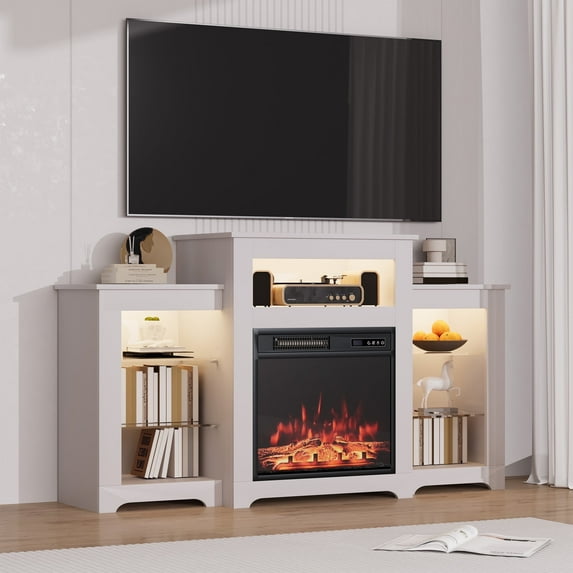 MELLCOM 55" Fireplace TV Stand for TVs Up to 65", 18" Fireplace Insert with APP Control, Remote Control, 16 Color Lights, Entertainment Center, White