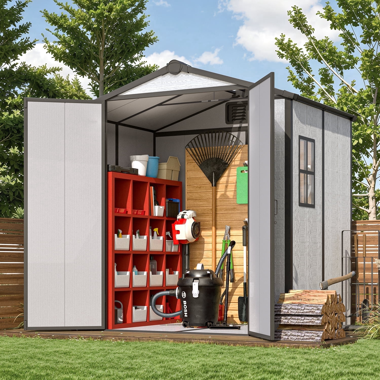 MELLCOM 6 x 4 FT Resin Outdoor Storage Shed with Floor, Outdoor Storage Tool Shed with Windows and Lockable Door, Resin Garden Shed for Bike, Garbage Can, Lawnmower