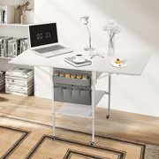 MELLCOM 61.4" Foldable Craft Table with Storage, Movable Sewing Table, Home Hobby Folding Table for Craft Room, Fixed Height, White