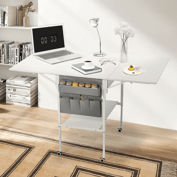 MELLCOM 61.4" Foldable Craft Table with Storage, Movable Sewing Table, Home Hobby Folding Table for Craft Room, Fixed Height, White