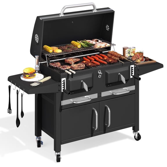 MELLCOM 620 Sq.In Large Charcoal Grill - 36 In Oversized BBQ Area with Storage Cabinet & Individual Lifting Charcoal Trays, Foldable Side Tables and Thermometer for Outdoor, Patio, Balcony