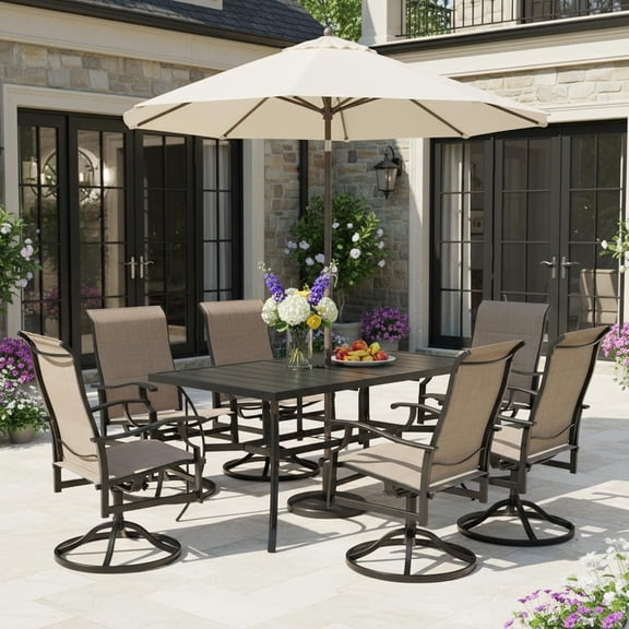 MELLCOM 7 Pieces Patio Dining Set, 6 Textilene Patio Swivel Dining Chairs and 69.7" Metal Patio Table with Umbrella Hole for Deck, Backyard, Poolside and Garden
