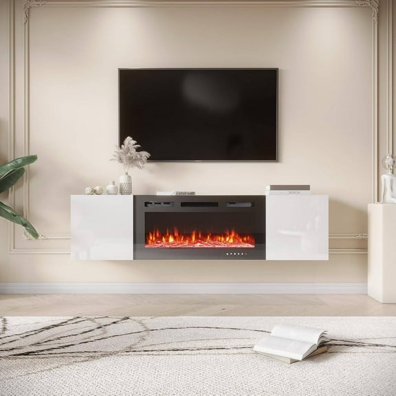MELLCOM 70" TV Stand with 36" Electric Fireplace, Entertainment Center with 12 Flame Fireplace Insert Heater, for TVs up to 80", White