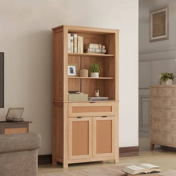 MELLCOM 71" Tall 5 Tier Rattan Bookshelf, Bookcase with Storage Shelves and Cabinet for Living Room, Light Oak