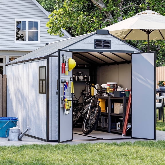 MELLCOM 8 x 12 FT Resin Outdoor Storage Shed with Floor, Outdoor Storage Tool Shed with Windows and Lockable Door, Resin Garden Shed for Lawnmower, Bike, Pool Supply
