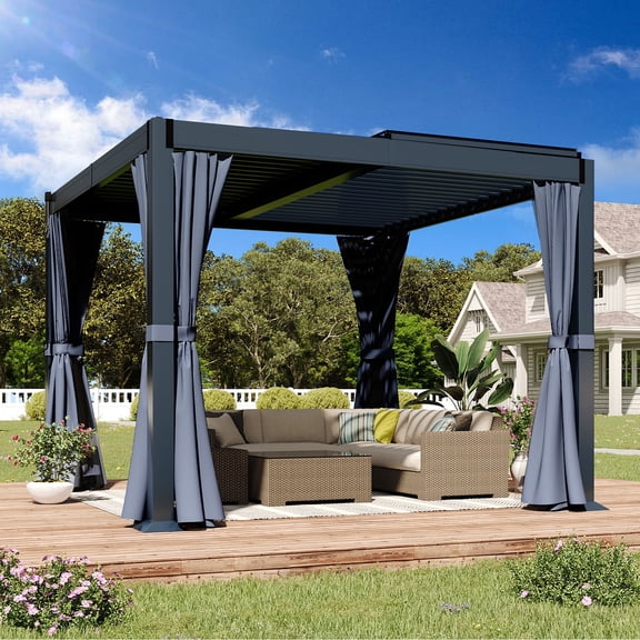 MELLCOM Aluminum Pergola 10'x12' with 2 Independent Adjustable Louvered Roof, Freestanding Shelter with Drainage System, Waterproof Curtains and Netting for Patio, Deck, Backyard (Dark Gray)
