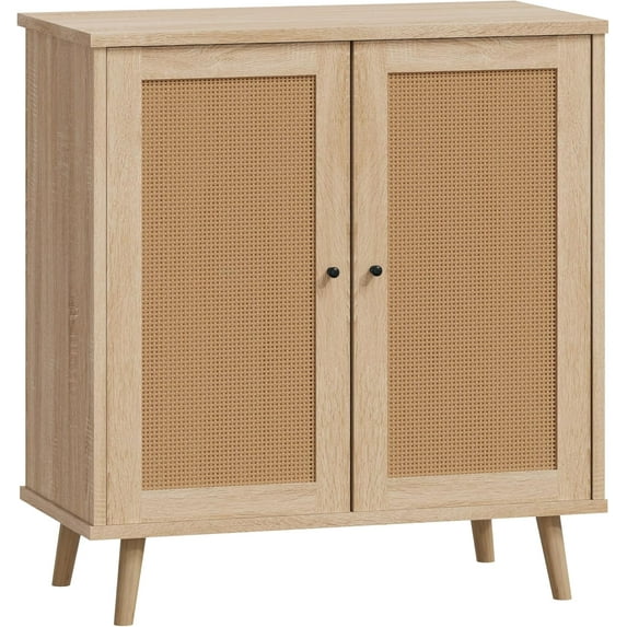 MELLCOM Buffet Cabinet, Kitchen Storage Cabinet, Sideboard Buffet Cabinet with Storage, with Rattan Decorated Doors and Solid Wood Feet, Natural