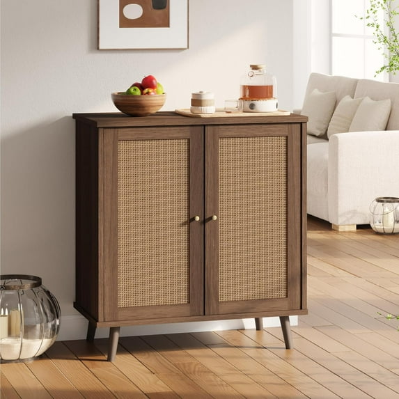 MELLCOM Buffet Cabinet, Kitchen Storage Cabinet, Sideboard Buffet Cabinet with Storage, with Rattan Decorated Doors and Solid Wood Feet, Natural