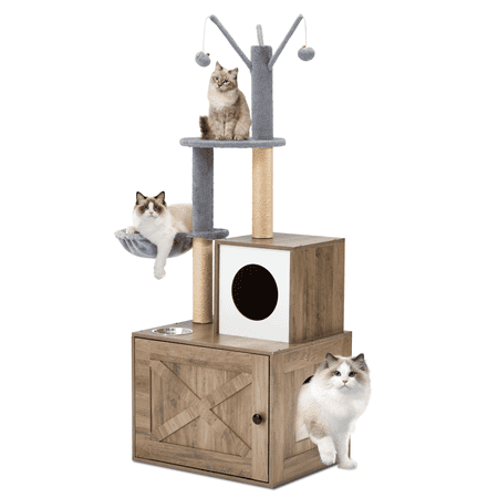 MELLCOM 57.4" Cat Tree, 2-in-1 Modern Cat Tower Combo, Hidden Litter Box Furniture, Light Gray