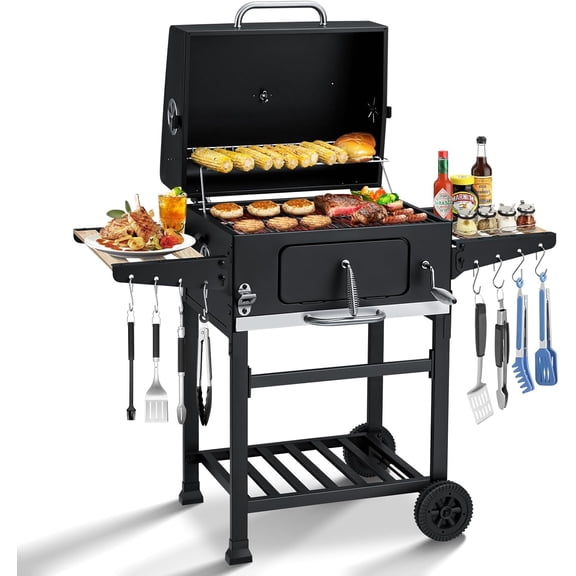 MELLCOM Charcoal Grill with Wood Foldable Side Table - 338 Sq.In BBQ Area with Individual Lifting Charcoal Trays & Thermometer, Charcoal Grill for Outdoor, Picnic