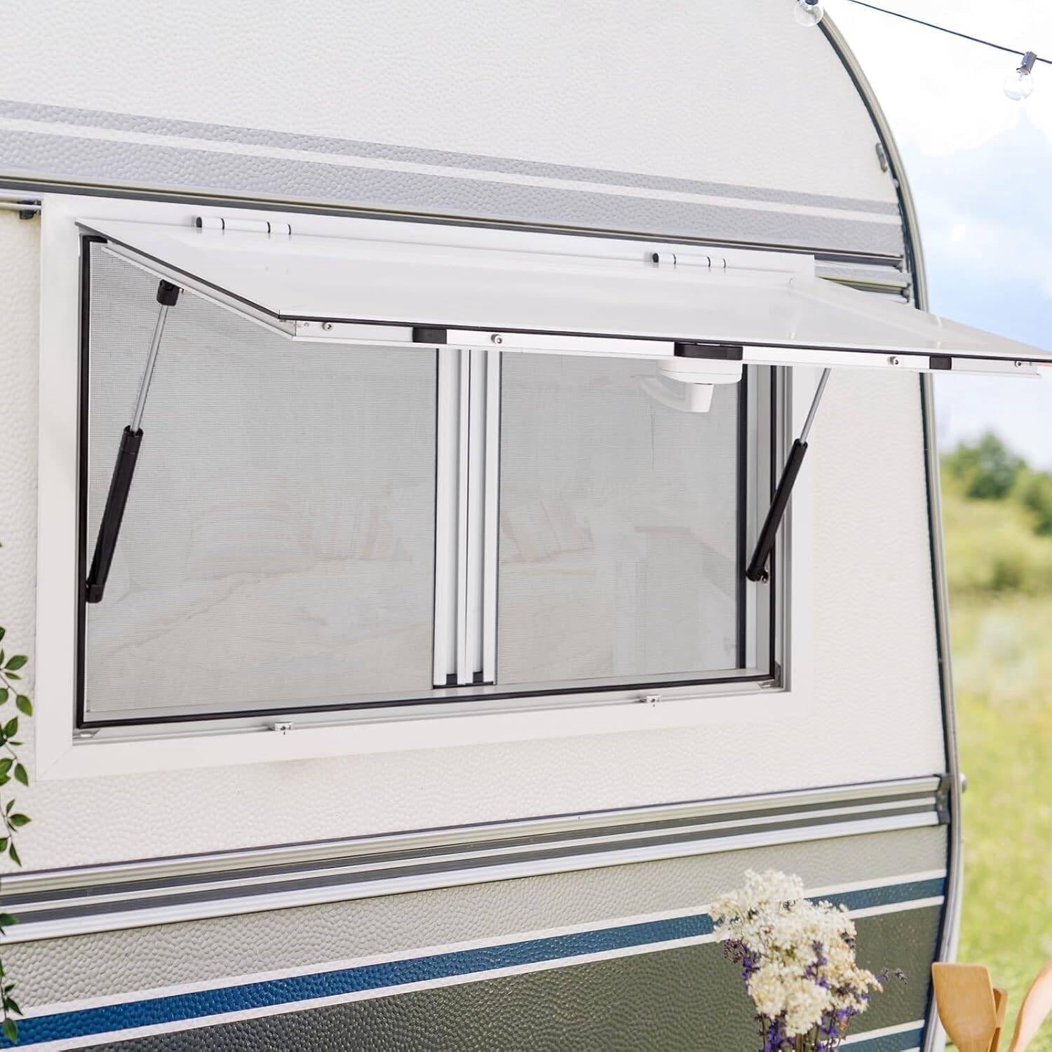 MELLCOM Concession Window 36"x24",Food Truck Service Window with 2 Horizontal Sliding Screen Windows & Awning Door,Aluminum Alloy Serving Window for Food Trucks