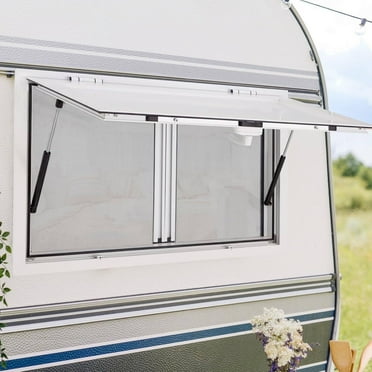 MELLCOM Concession Window 36"x24",Food Truck Service Window with 2 Horizontal Sliding Screen Windows & Awning Door,Aluminum Alloy Serving Window for Food Trucks