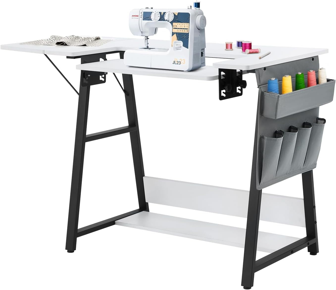 MELLCOM Folding Multipurpose Sewing Table, Hobby and Sewing Machine Table with Adjustable Shelf and Side Pocket- Can Also Be Used as Computer Desk, White