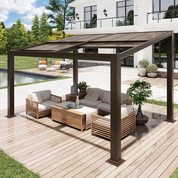 MELLCOM Gazebo 10x13 with Adjustable Polycarbonate Roofs, All Aluminum Frame Permanent Pergola for Patio, Outdoor Freestanding Shelter, Dark Brown
