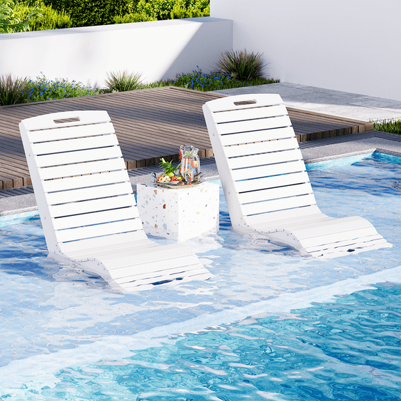 MELLCOM HDPE Pool Lounge Chairs Set of 2, in Pool Lounge Chairs up to 10-Inches of Water, Chaise Lounge Chairs with Wheels, S Shape Patio Lounge Chairs for Pool, Deck, Garden, Beach, White