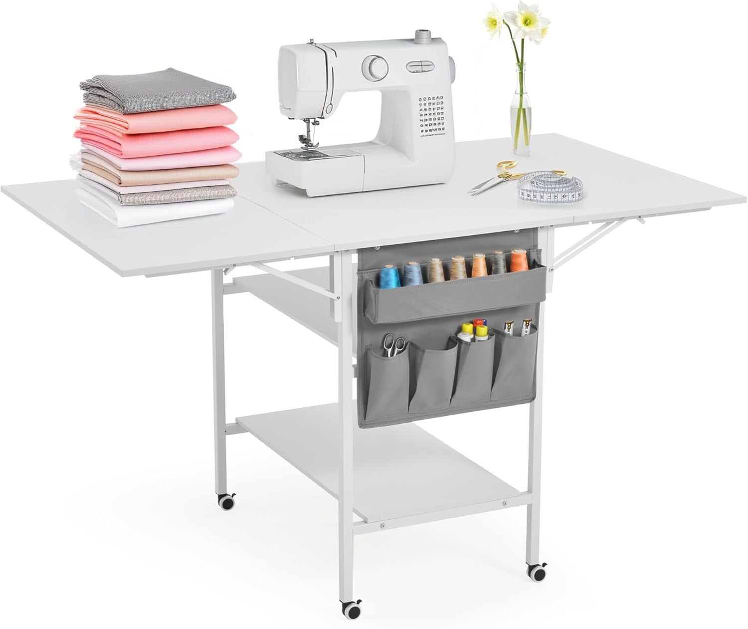 MELLCOM Home Hobby Sewing Table with Storage Shelves and Storage Bag ...