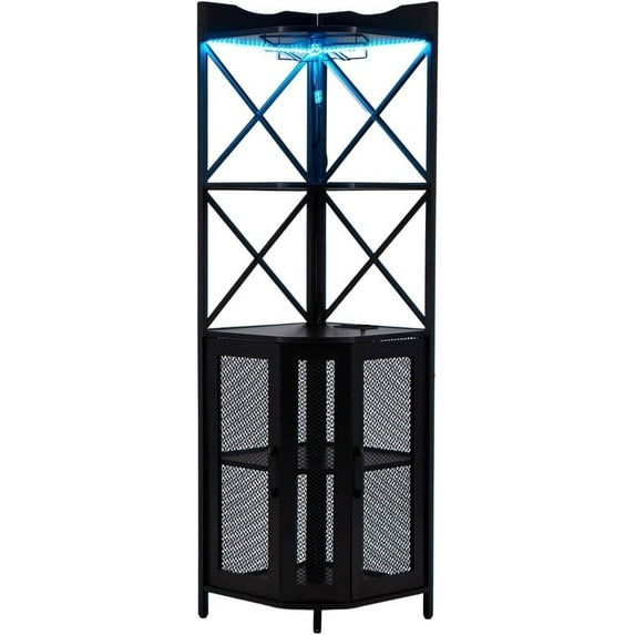 MELLCOM Industrial Corner Bar Cabinet, Home Bar, 5-Tiers Wine Bar Cabinet with LED Light and Glass Holder, for Dining Room, Living Room, Black
