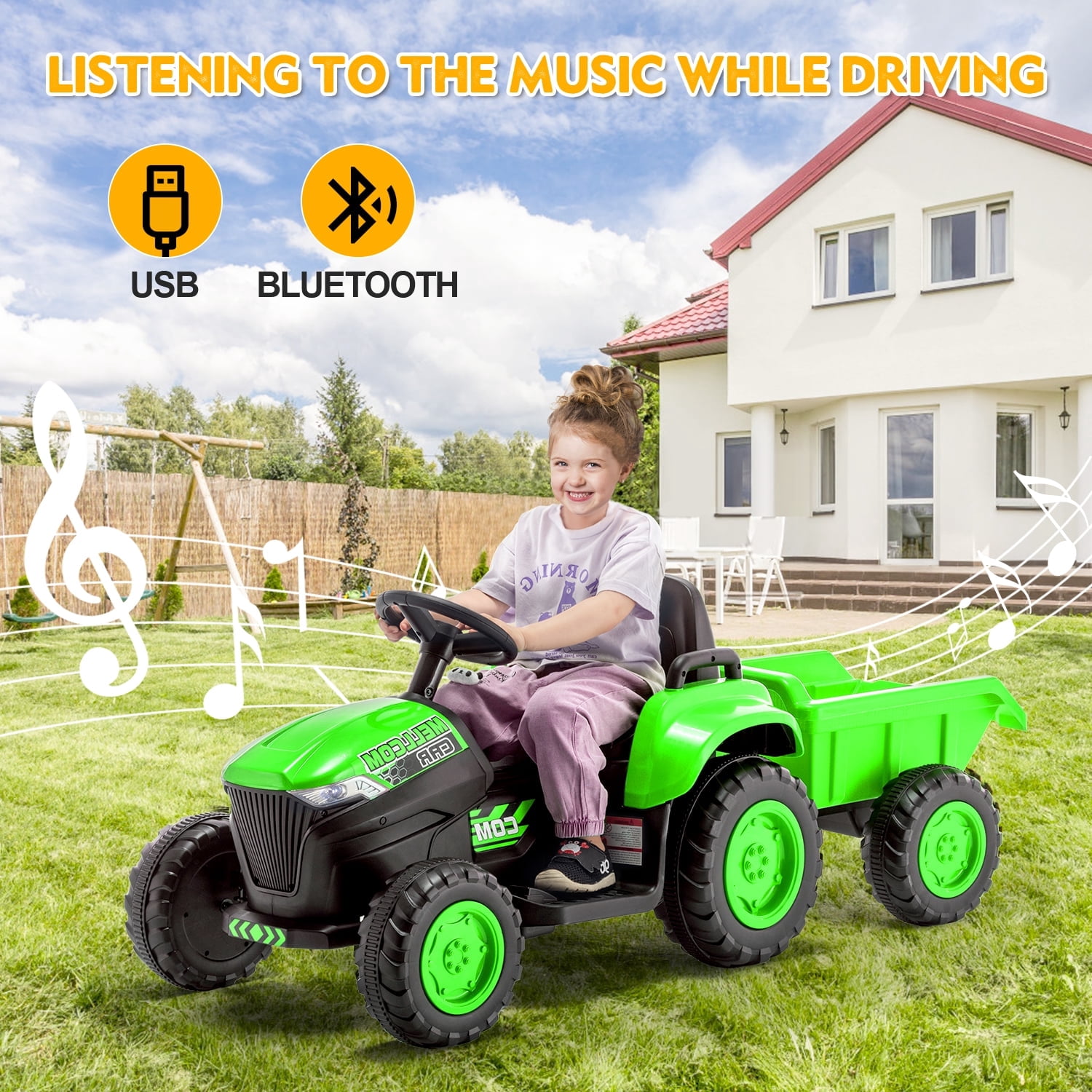 HOMMOW Kids Ride on Tractor with Remote Control, 12V Battery Powered Electric Tractor with 30W Dual Motors/Cool Lights/Bluetooth Music for Kids, Green