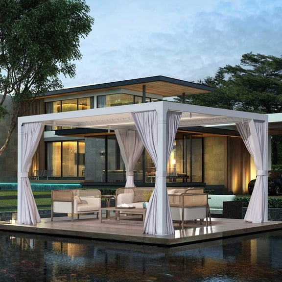 MELLCOM Louvered Pergola - 10x10, Aluminum with Adjustable Roof, Outdoor Small Pergola with Waterproof Curtains and Nets, White