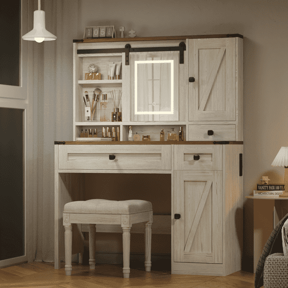 MELLCOM Makeup Vanity Desk with Mirror and Lights, Vanity Set for Bedroom, Glass Tabletop Vanity Table, Antique White