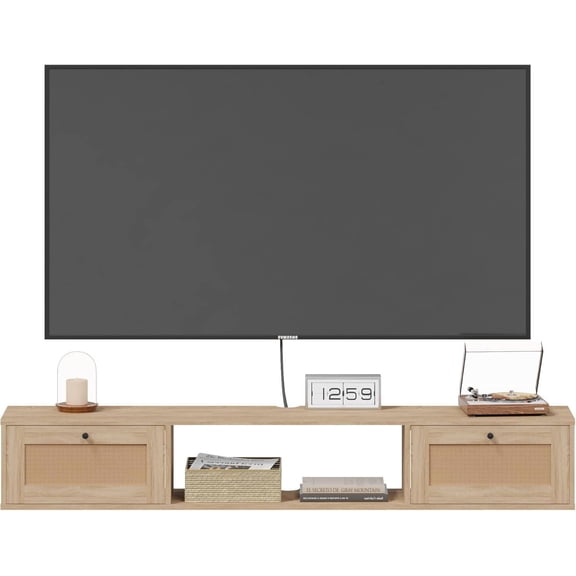 MELLCOM Modern Rattan Floating TV Stand, Entertainment Center for Under TV Storage, Wall-Mounted Floating Stand for TVs, 57 inch, Oak