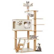 MELLCOM Natural Wood Cat Tower with Hand-woven Baskets and Cat Condo, Tall Cat Tree for Indoor Cats, White