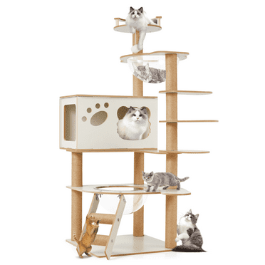 MELLCOM Natural Wood Cat Tower with Hand-woven Baskets and Cat Condo, Tall Cat Tree for Indoor Cats, White