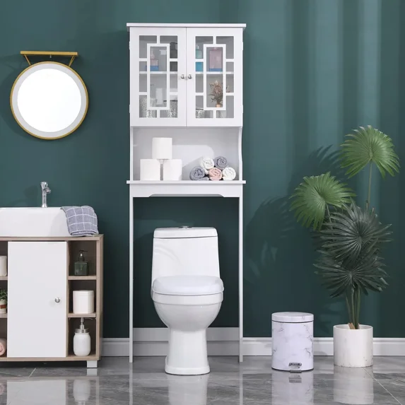 MELLCOM Over the Toilet Storage Cabinet, Bathroom Organizers and Storage, with 2 Glass Doors & Adjustable Shelf, White
