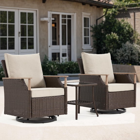 MELLCOM Patio Furniture Set of 3, Wicker Swivel Glider Chairs with Side Table and Thick Cushions, All Weather Rattan Bistro Set for for Porch, Garden, Backyard and Patio