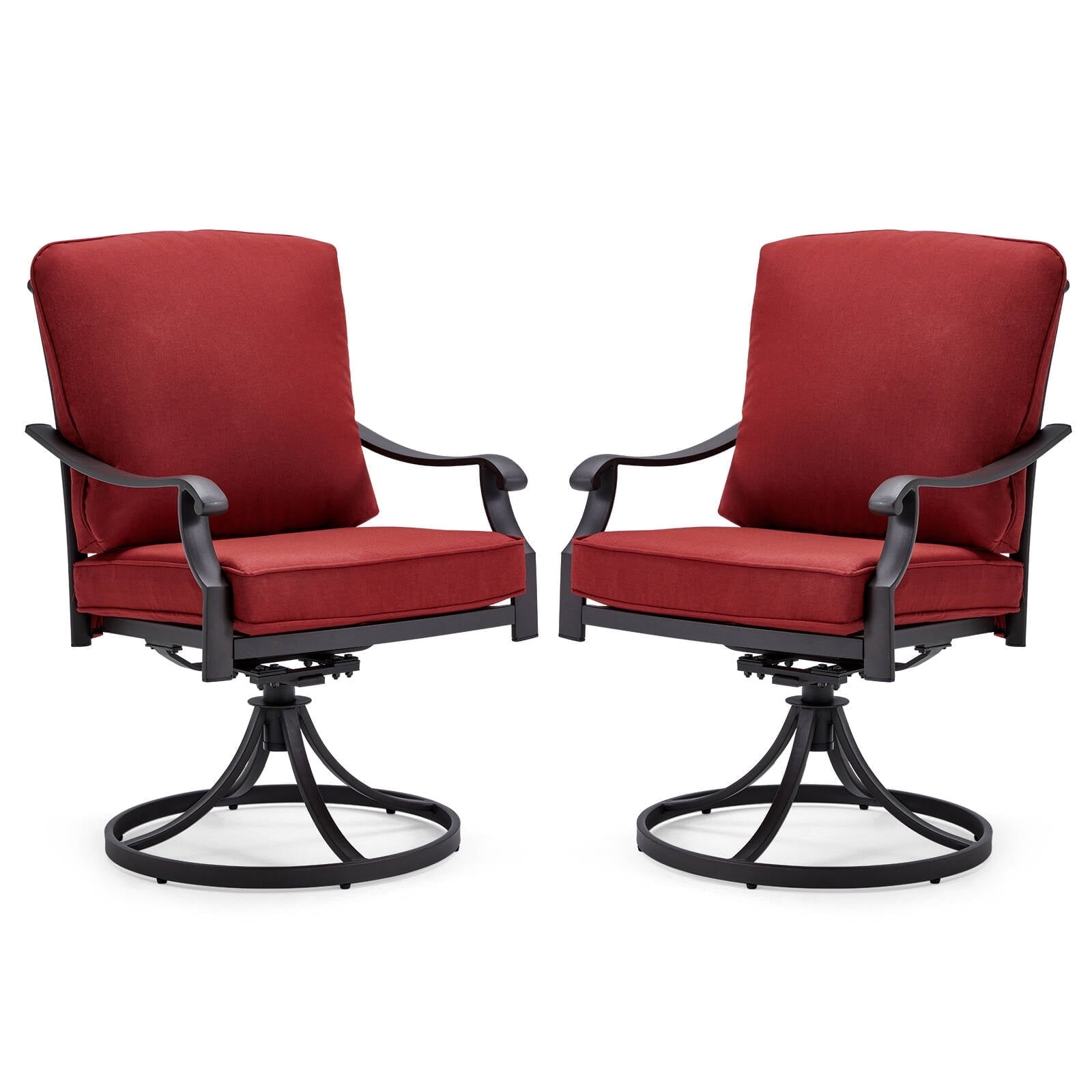 MELLCOM Patio Swivel Chair Set of 2, Heavy Duty Outdoor Dining Chairs with Thickened Cushions, Metal Patio Chairs Gentle Rocker for Outside, Garden Lawn & Porch, Backyard, Red