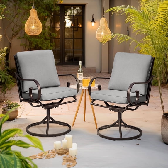 MELLCOM Patio Swivel Chair Set of 2, Heavy Duty Outdoor Dining Chairs with Thickened Cushions, Metal Patio Chairs Gentle Rocker for Outside, Garden Lawn & Porch, Backyard, Grey