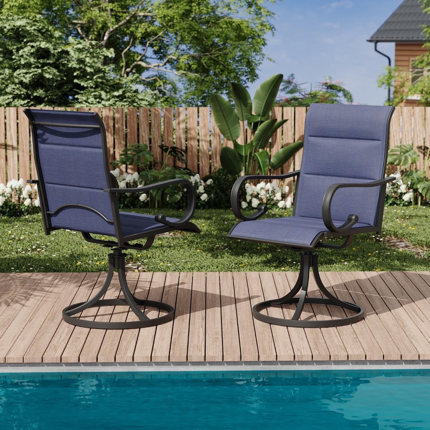 MELLCOM Patio Swivel Chair Set of 2, High Back Padded Textilene Outdoor Dining Chairs with Metal Frame, All-Weather Outdoor Furniture Rocker for Backyard, Navy