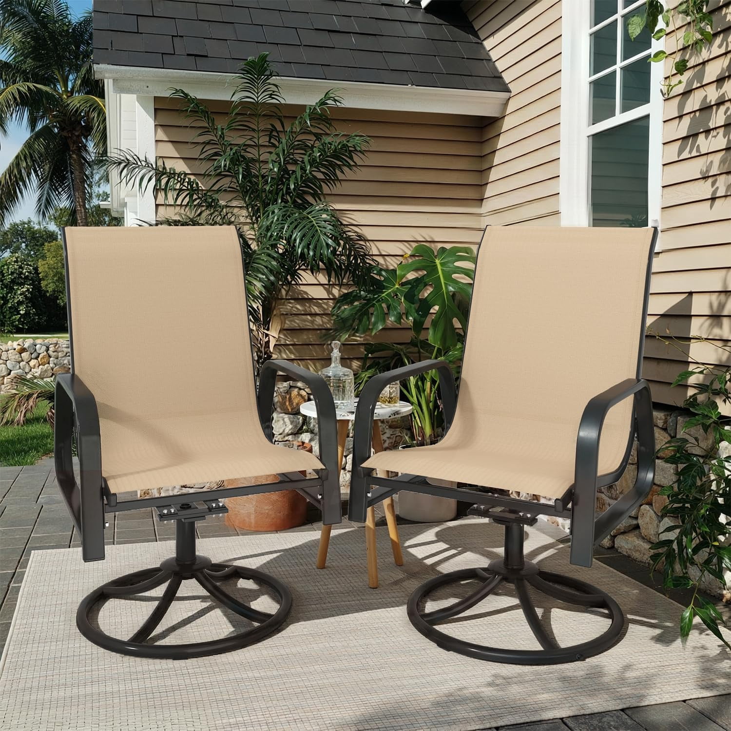 MELLCOM Patio Swivel Chair Set of 2, High Back Textilene Outdoor Dining Chairs with E-Coating Metal Frame, All-Weather Outdoor Furniture Rocker for Backyard, Porch, Garden, Lawn, Beige