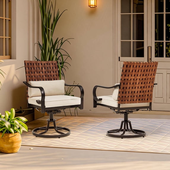 MELLCOM Patio Swivel Chair Set of 2, Outdoor Dining Chairs with Cushions & Lumbar Pillows, Leather-Look Wicker Chairs with Gentle Rocker for Porch, Garden, Backyard, Poolside, Beige