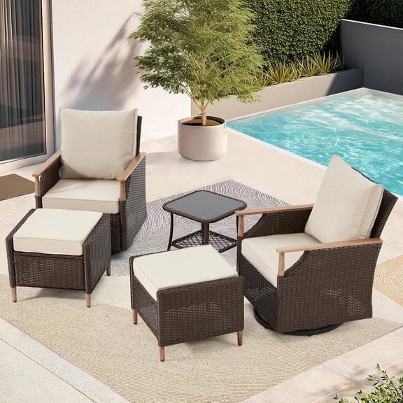 MELLCOM Patio Swivel Glider Rocker Chairs Set Wicker 5 Piece Patio Furniture Set Rocking Bistro Set with Tempered Glass Side Table and 2 Ottoman, for Backyard Garden Patio Porch (Beige, 5pcs)