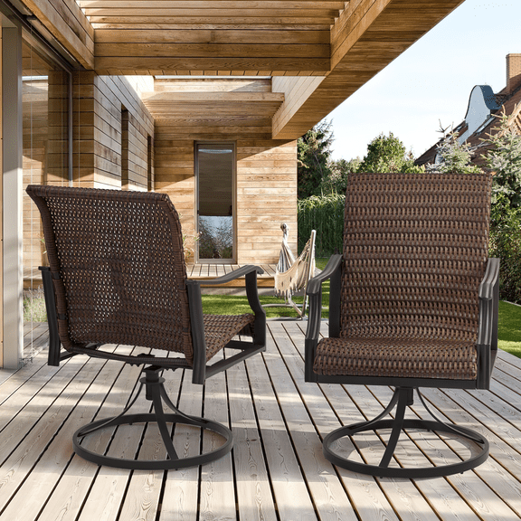 MELLCOM Patio Wicker Swivel Chair Set of 2, Heavy Duty Outdoor Dining Chairs with 23.5'' High Back, Extra-Large Water-Fall Seat, Rattan Porch Chair Gentle Rocker for Outside