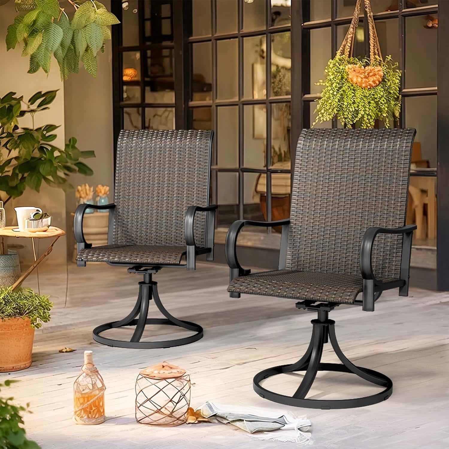 MELLCOM Patio Wicker Swivel Chair Set of 2, Heavy Duty Outdoor Dining Chairs with 26.8'' High Back, Extra-Large Water-Fall Seat, Rattan Porch Chair Gentle Rocker for Outside