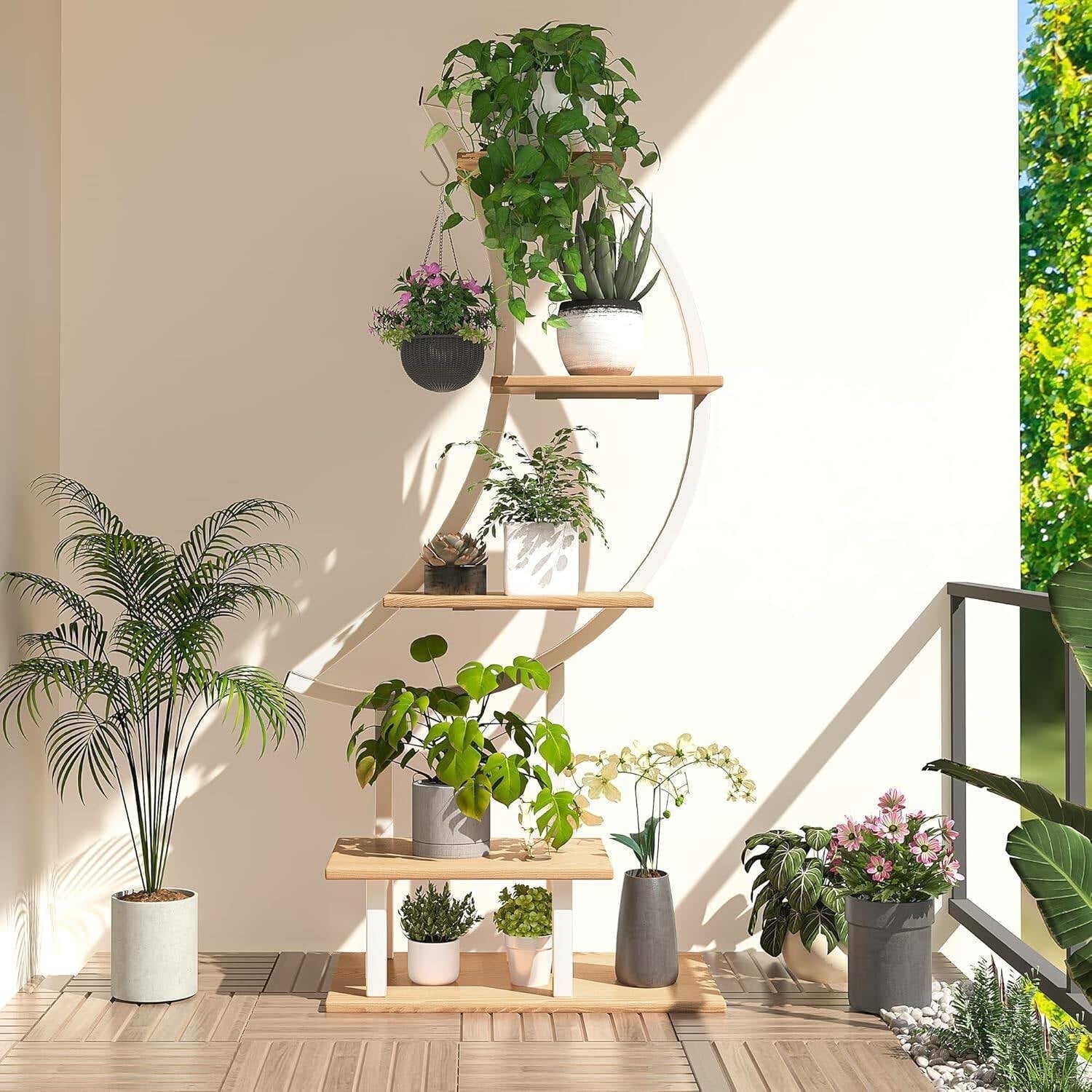 MELLCOM Plant Stand with Grow Light, Moon-Shape Tall Plant Shelf for Multiple Plants, Metal Plant Flower Holder, Corner Plant Stands with Hanging Hook for Home Decor, Living Room, Balcony, Patio