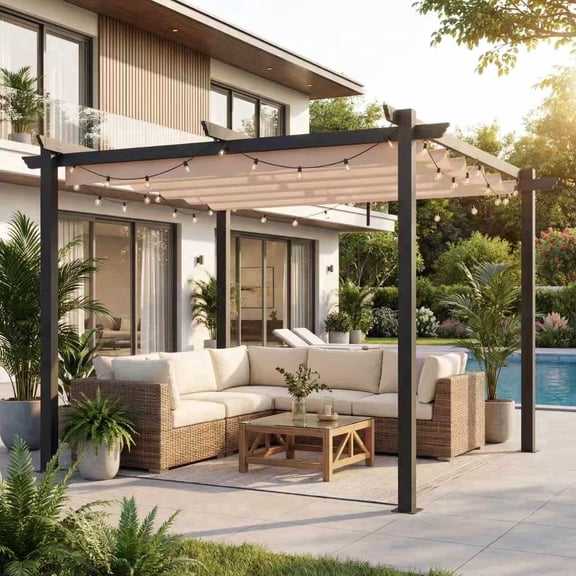 MELLCOM Retractable Pergola 10x10 Ft, Upgraded Sun Shade with Waterproof Canopy, Durable Metal Patio Shelter with Magnetic Attachment for Backyard Garden Deck (Beige)