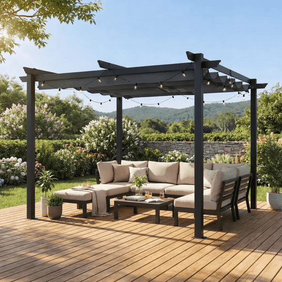 MELLCOM Retractable Pergola 10x10 ft, Dual Adjustable, UV Protection, Durable Aluminum Frame, Locking Straps and Screws for Backyard Deck, Gray